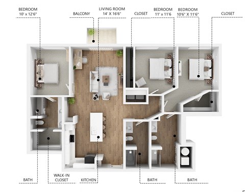 Floor plan for 3 beds, 3 baths, 1395 sqft